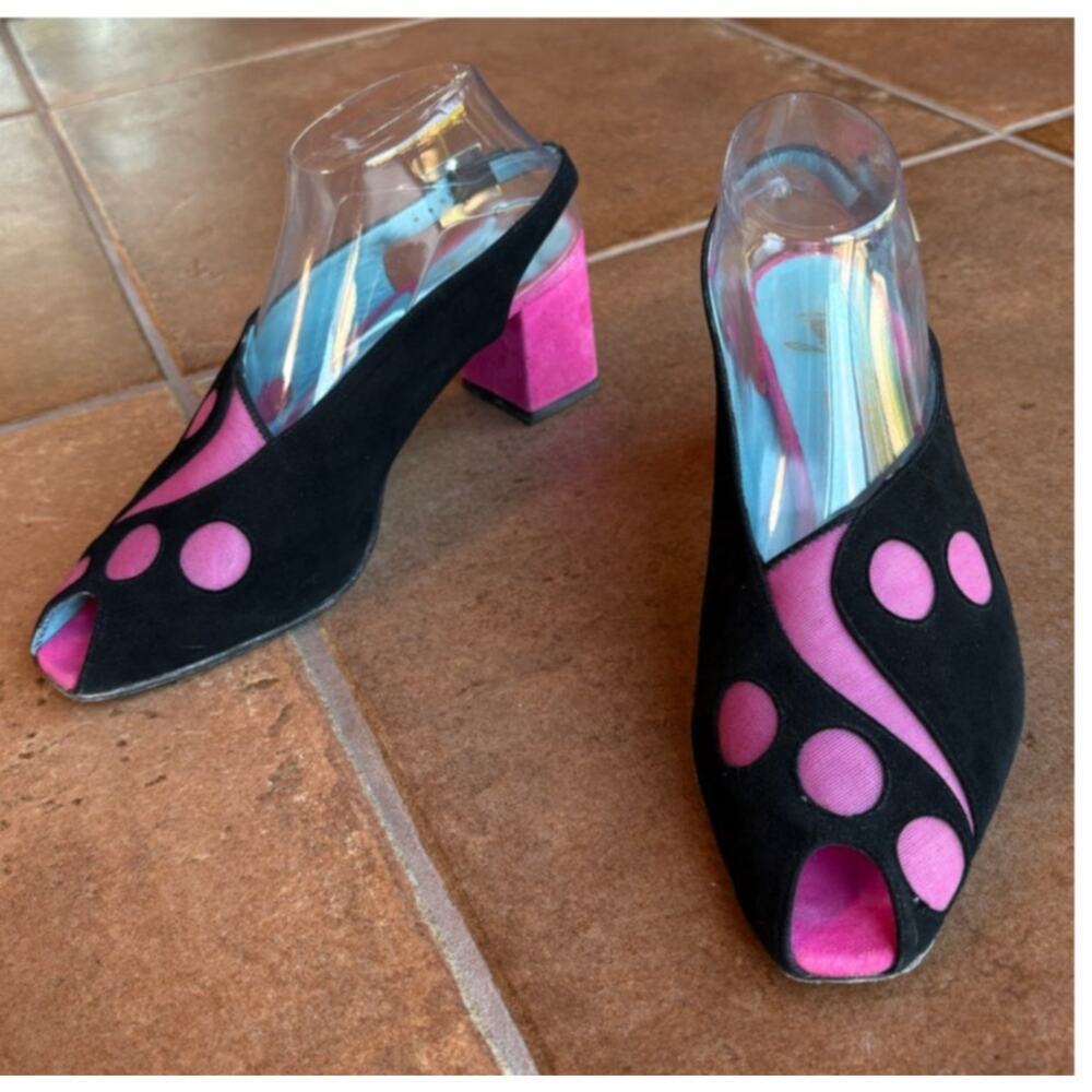 Thierry Rabotin Black/Pink Desiree Polka Dot Peep Toe Sling Back 40/8.5 US Read!